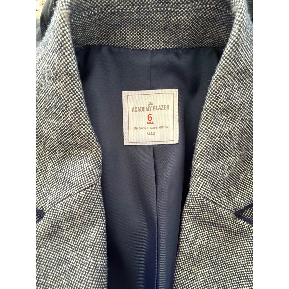 Gap The Academy Blazer Womens 6 Tall Grey Navy Elbow Patches Piped Trim Crest - Picture 3 of 8